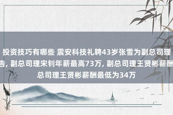 投资技巧有哪些 震安科技礼聘43岁张雪为副总司理及董事会布告, 副总司理宋钊年薪最高73万, 副总司理王贤彬薪酬最低为34万